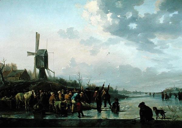 Escena de invierno, río congelado con patinadores de Leendert de Koningh