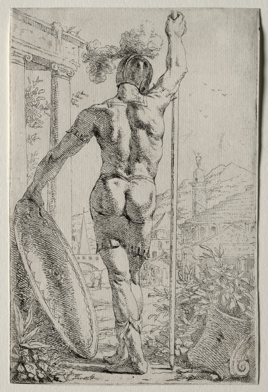 Un soldado de pie, visto desde atrás de Leendert van der Cooghen