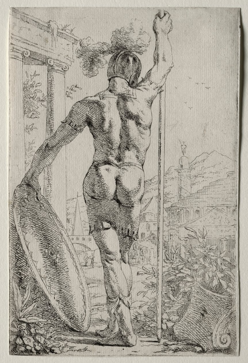 Un soldado de pie, visto desde atrás de Leendert van der Cooghen