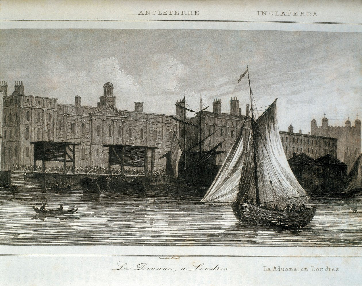 Aduanas de Londres en el río Támesis, Inglaterra (grabado) de Lemaitre