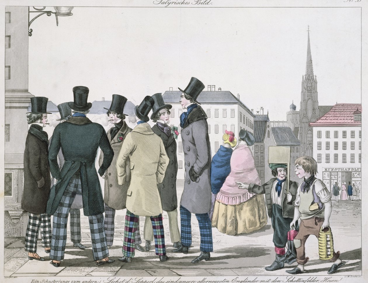 Hombres elegantes con pantalones escoceses en las calles de Viena, grabado por J. W. Linke, c.1840 de Lempis