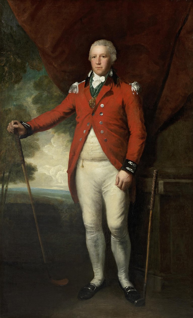 Retrato de Henry Callender de pie en un paisaje con el atuendo de Capitán General del Blackheath Golf Club de Lemuel Francis Abbott