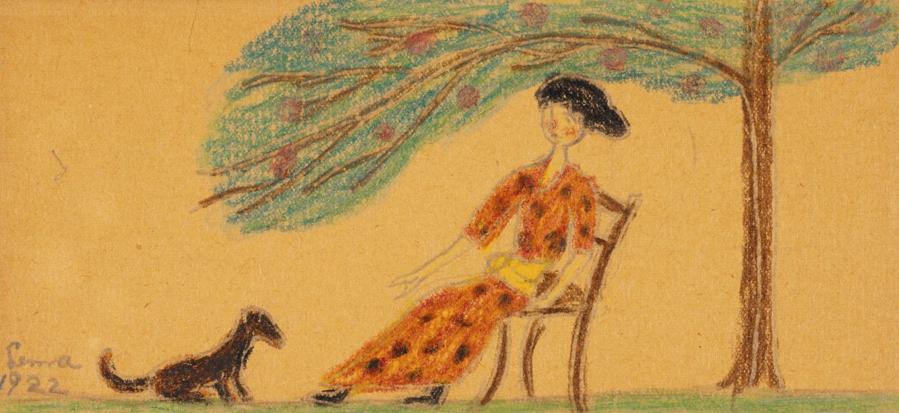 mujer y perro debajo del árbol de Lenna Glackens
