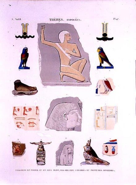Ilustraciones de relieves pintados en fragmentos de piedra y madera Hipogeos, Tebas lámina 47 de Vol II de 