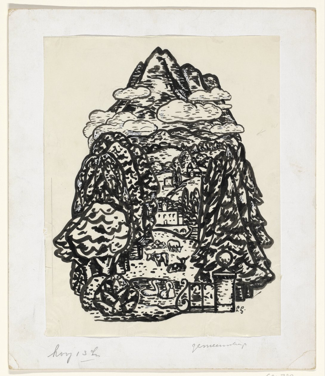 Paisaje de montaña con árboles y ganado de Leo Gestel (signed by artist)
