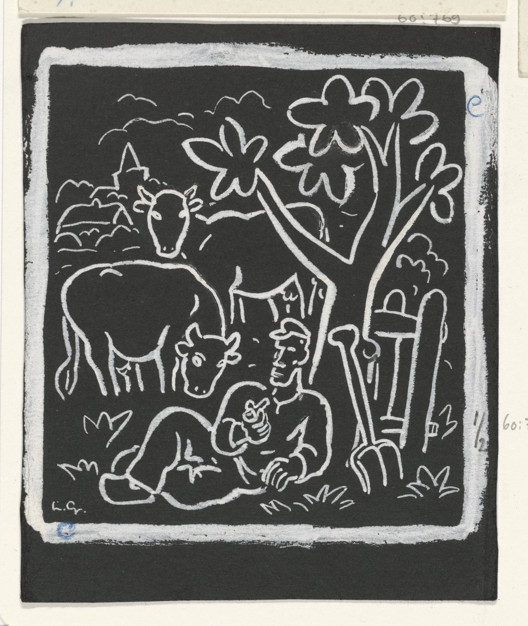 Granjero descansando bajo un árbol en un prado con vacas de Leo Gestel (signed by artist)