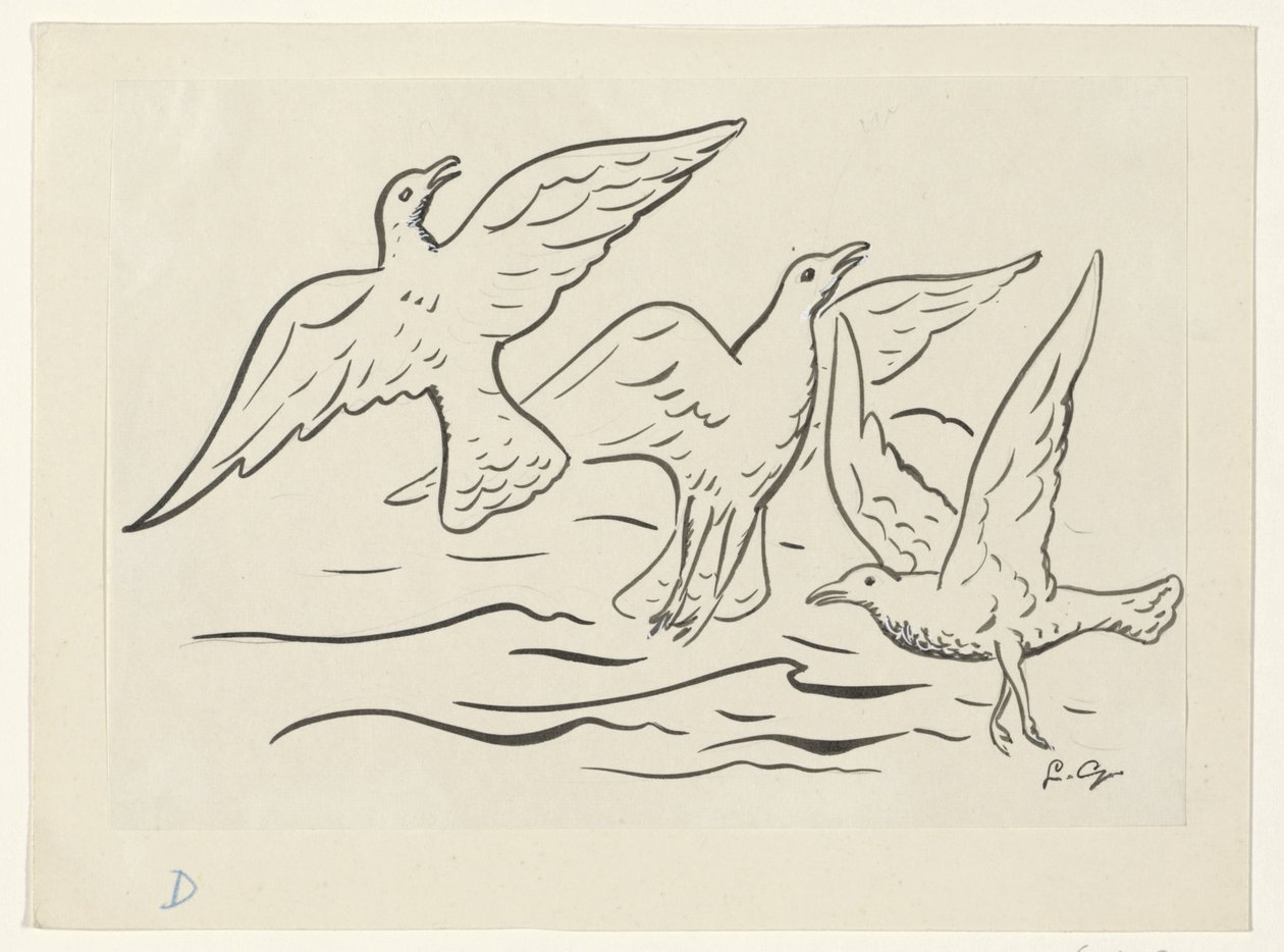 Tres pájaros en el cielo sobre el mar de Leo Gestel (signed by artist)