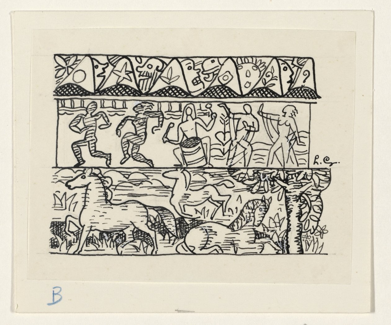 Caballos, gente bailando y máscaras de Leo Gestel (signed by artist)