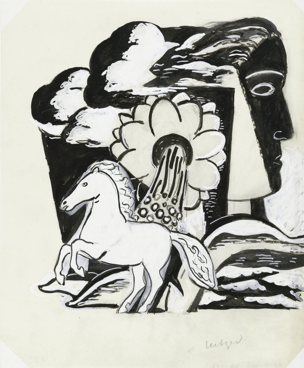 Caballo rampante, flor y cabeza (boceto) de Leo Gestel (signed by artist)