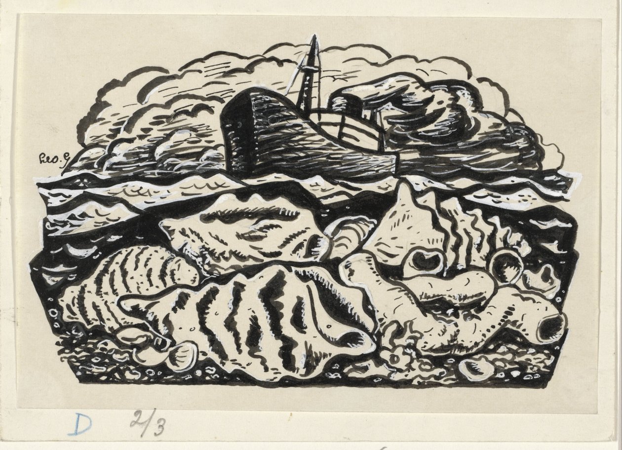 Barco de vapor en el mar con conchas en la playa de Leo Gestel (signed by artist)