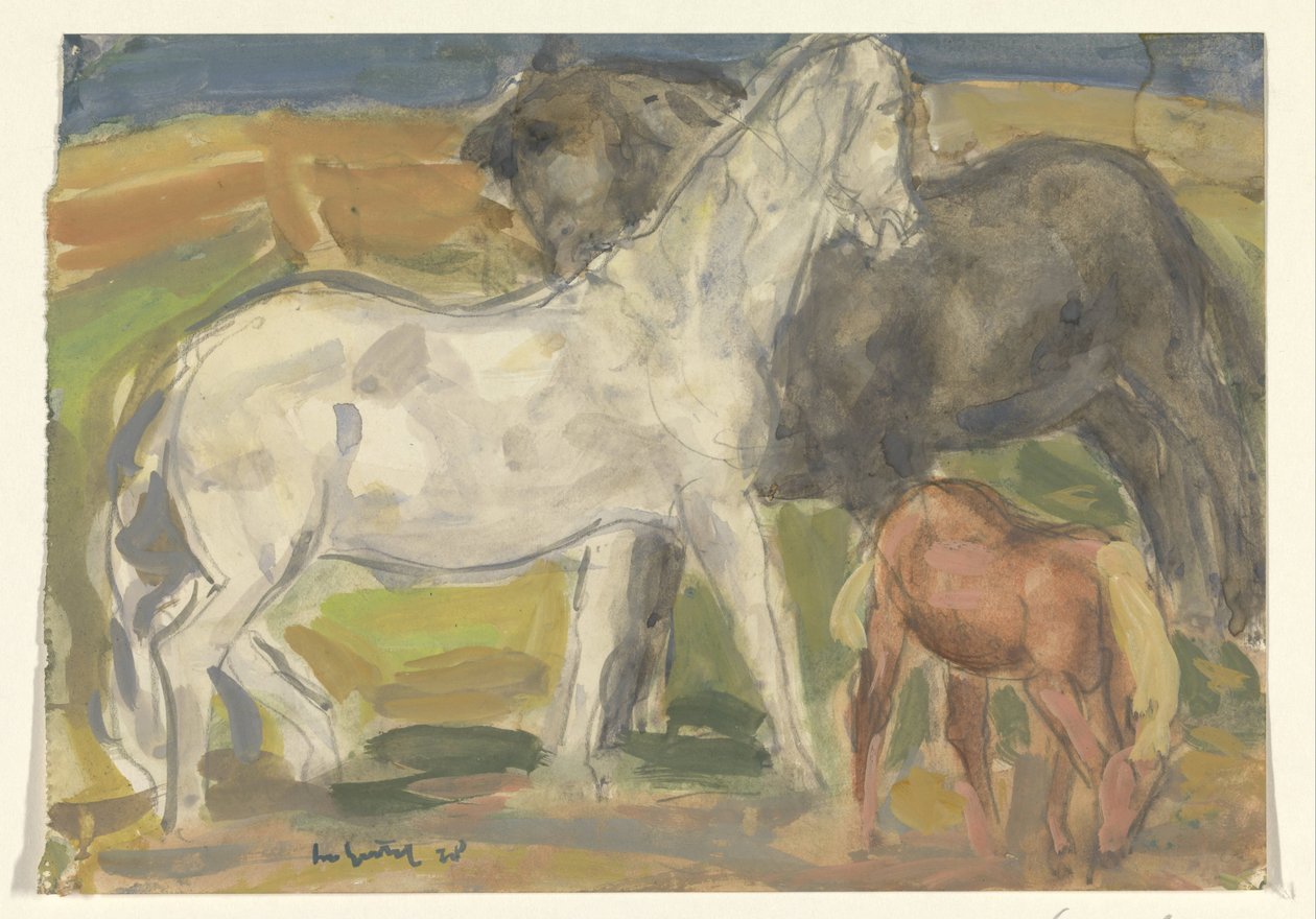 Dos caballos y un potro en un paisaje de Leo Gestel (signed by artist)