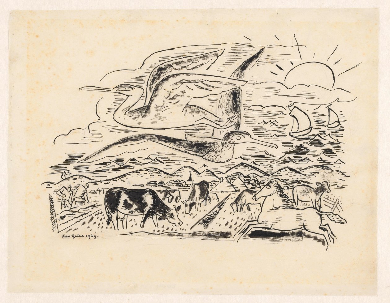 Dos pájaros vuelan sobre un paisaje con ganado de Leo Gestel (signed by artist)