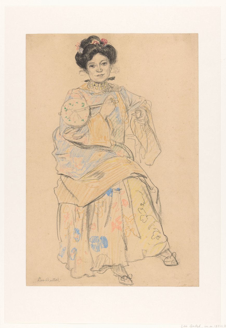 Mujer sentada con vestido japonés de Leo Gestel (signed by artist)