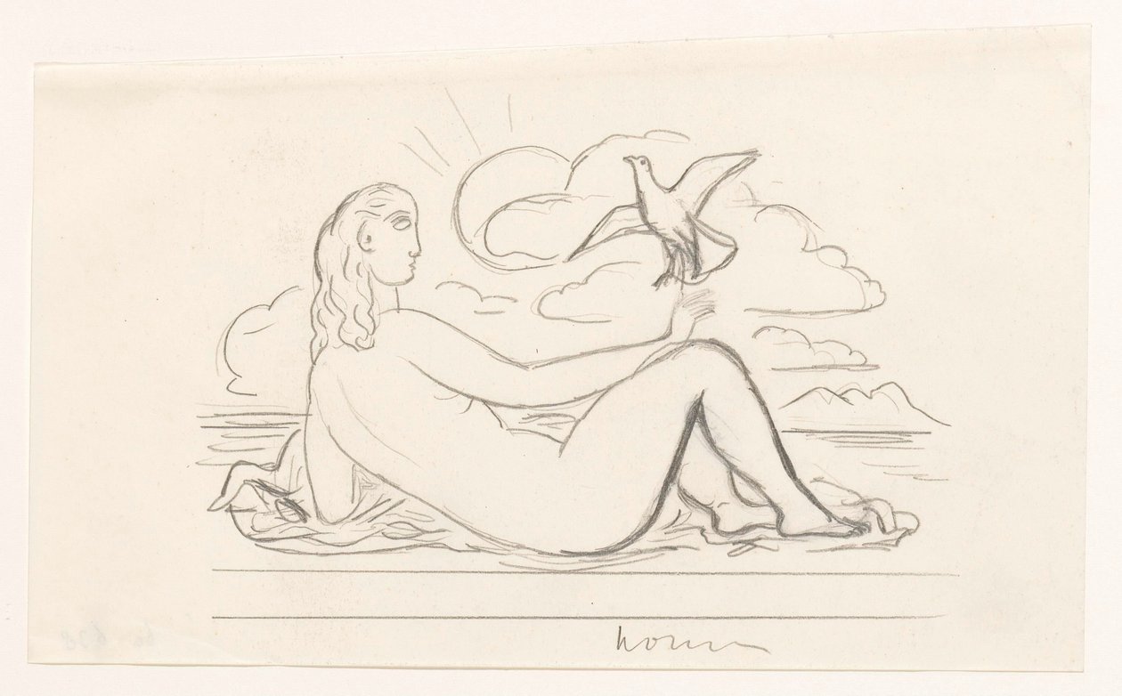 Mujer desnuda en la playa y una gaviota de Leo Gestel