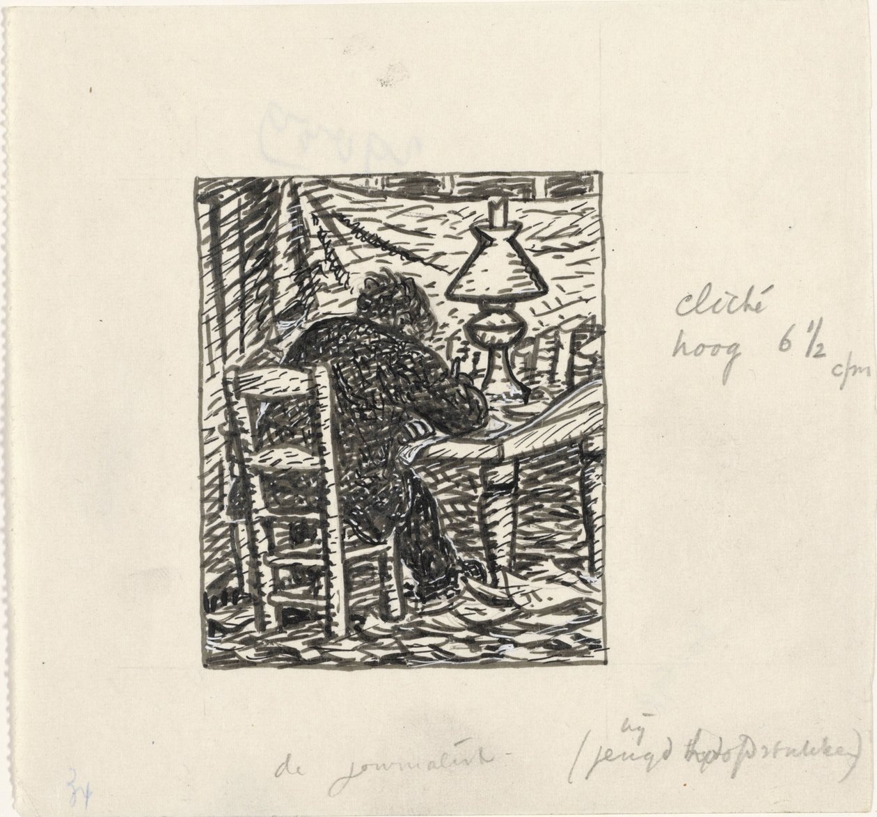 Un hombre escribe en una mesa de Leo Gestel