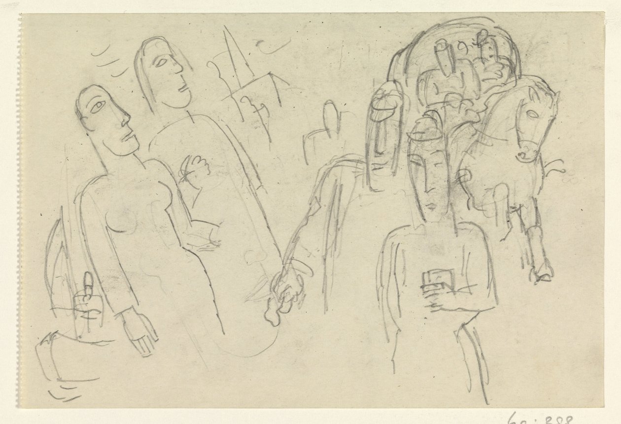 Gente en la calle y un caballo y un carro de Leo Gestel