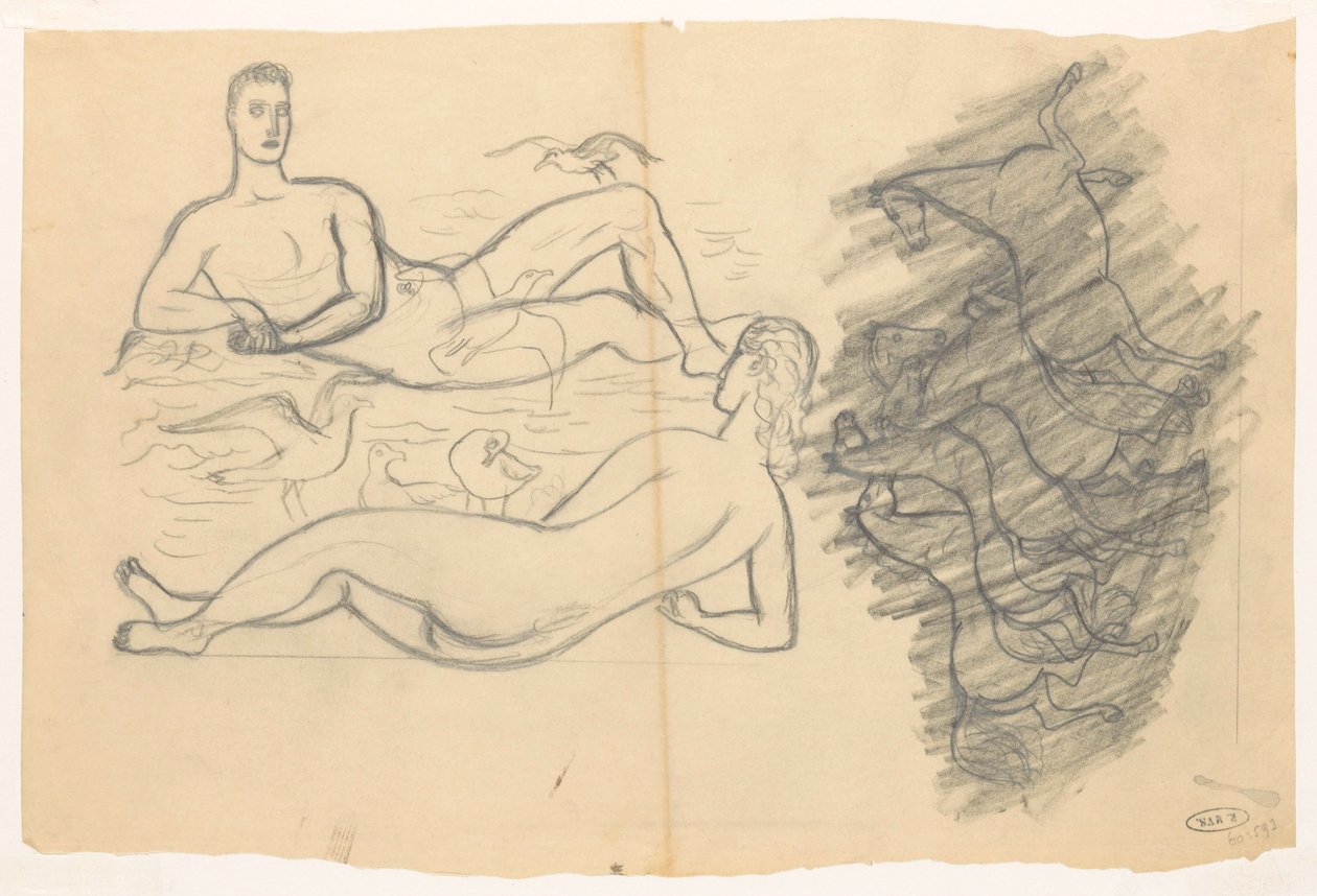 Hombre y mujer desnudos en la playa rodeados de gaviotas de Leo Gestel