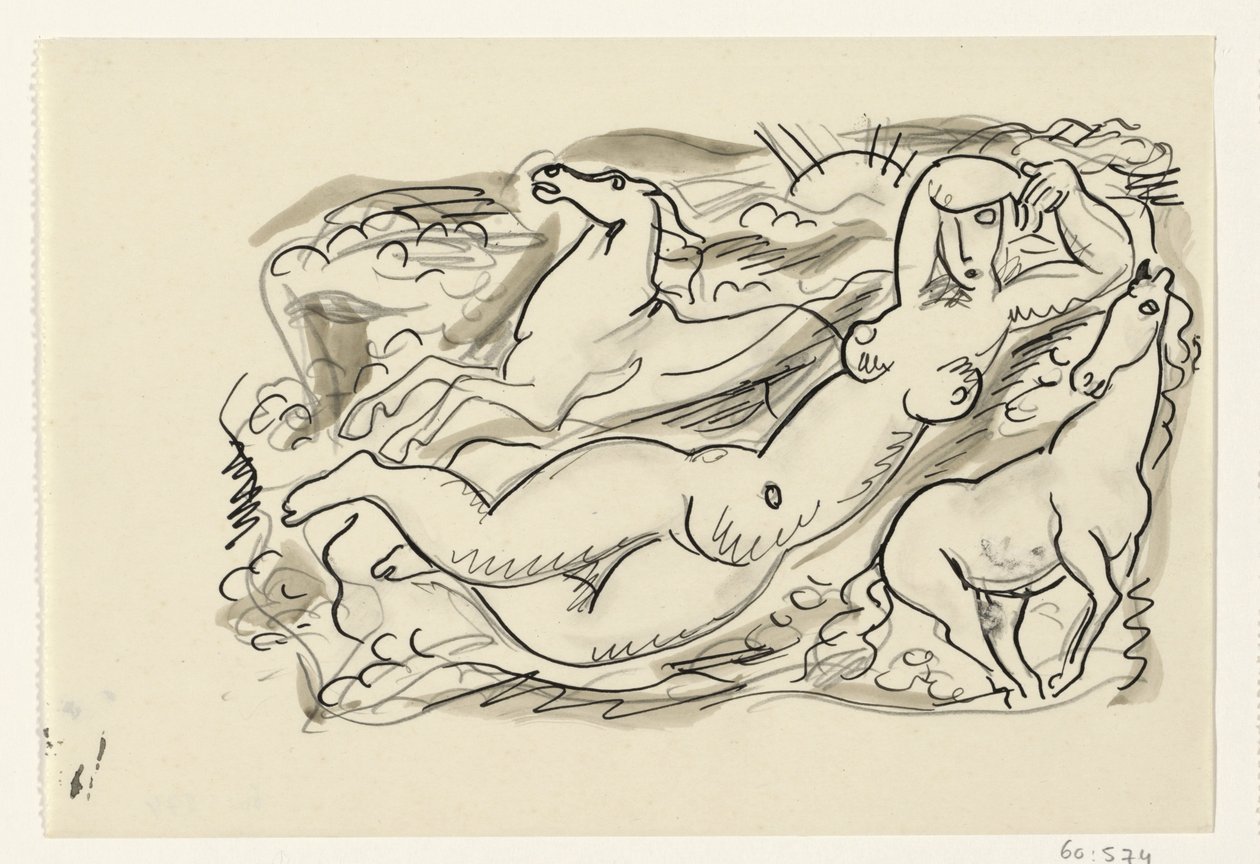 Mujer desnuda y dos caballos en el mar de Leo Gestel