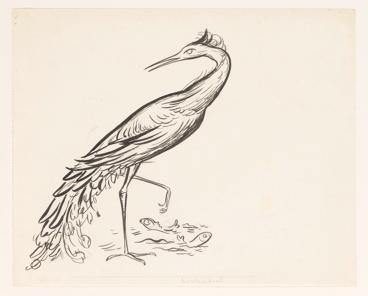 Garza al borde del agua con dos peces junto a sus patas de Leo Gestel