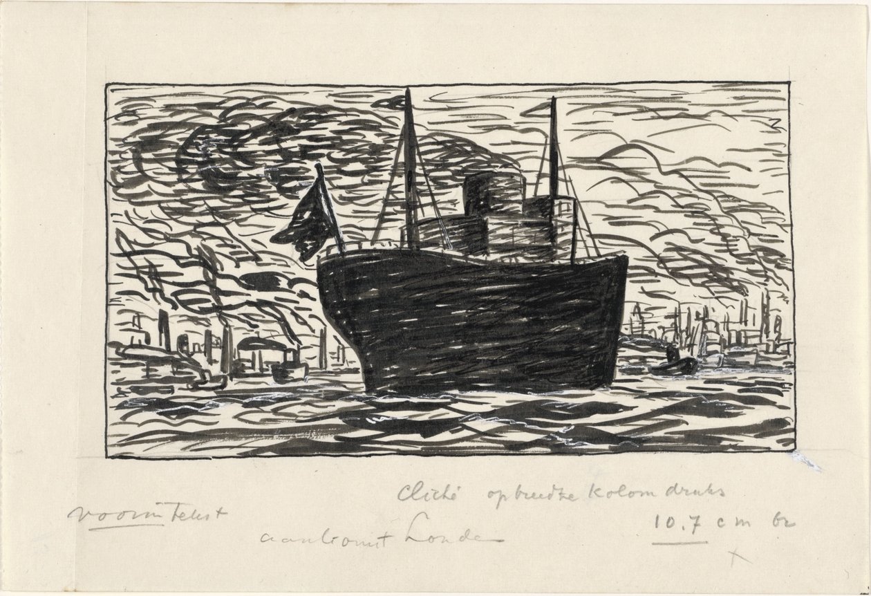 Un barco entra en el puerto de Londres (título en el objeto) de Leo Gestel