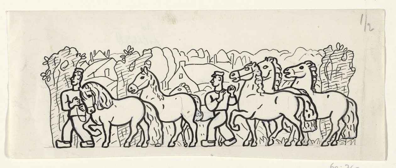 Dos granjeros conducen sus caballos a través de un pueblo de Leo Gestel