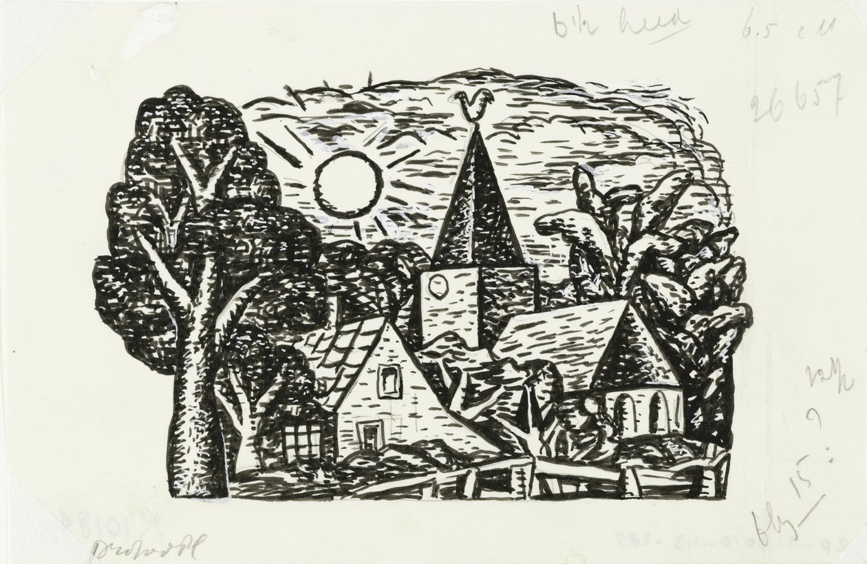 Viñeta para la biografía de Gestel por el Prof. W. van der Pluym
Sin título (Vista del pueblo con la iglesia y el sol, viñeta para la biografía de Gestel por el Prof. W. van der Pluym) de Leo Gestel
