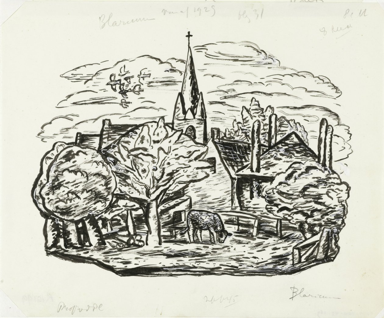Viñeta para la biografía de Gestel por el Prof. W. van der Pluym
Sin título (Vista del pueblo de Blaricum con una vaca pastando) de Leo Gestel