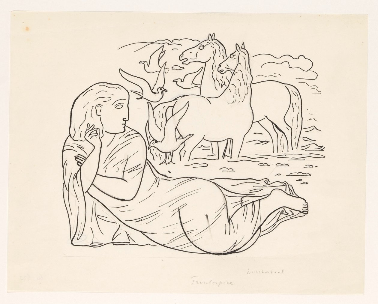 Mujer tumbada en la playa con dos caballos y unas gaviotas de Leo Gestel