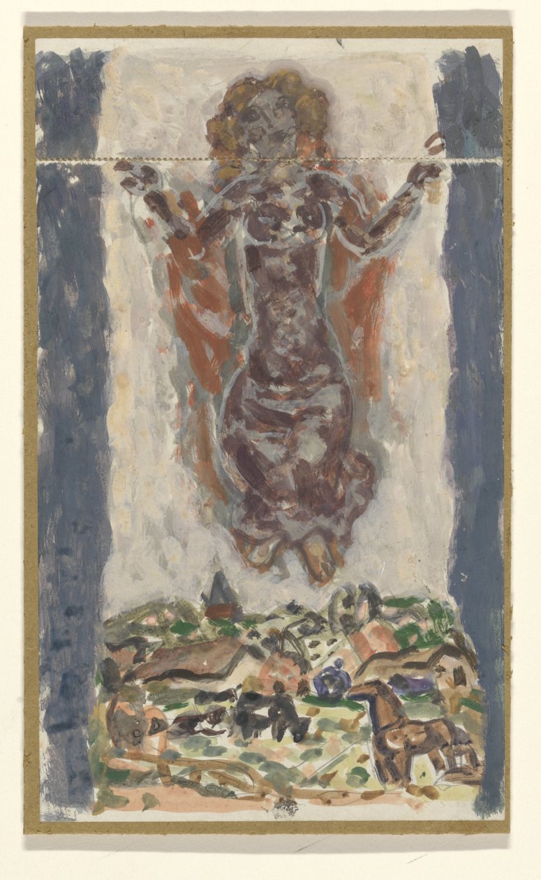 Mujer con los brazos abiertos sobre un paisaje de Leo Gestel