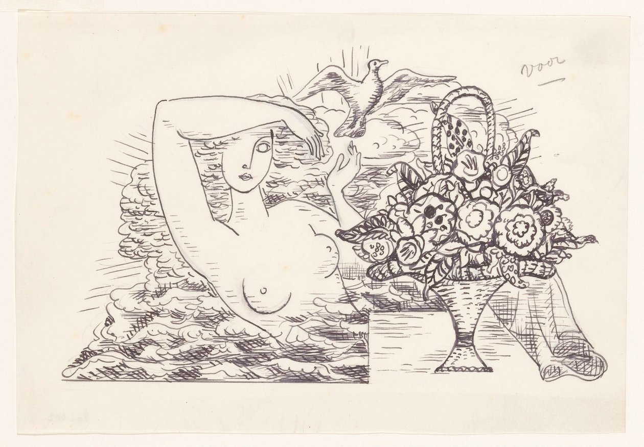 Desnudo femenino en ondas soltando un pájaro, en primer plano una cesta de flores de Leo Gestel