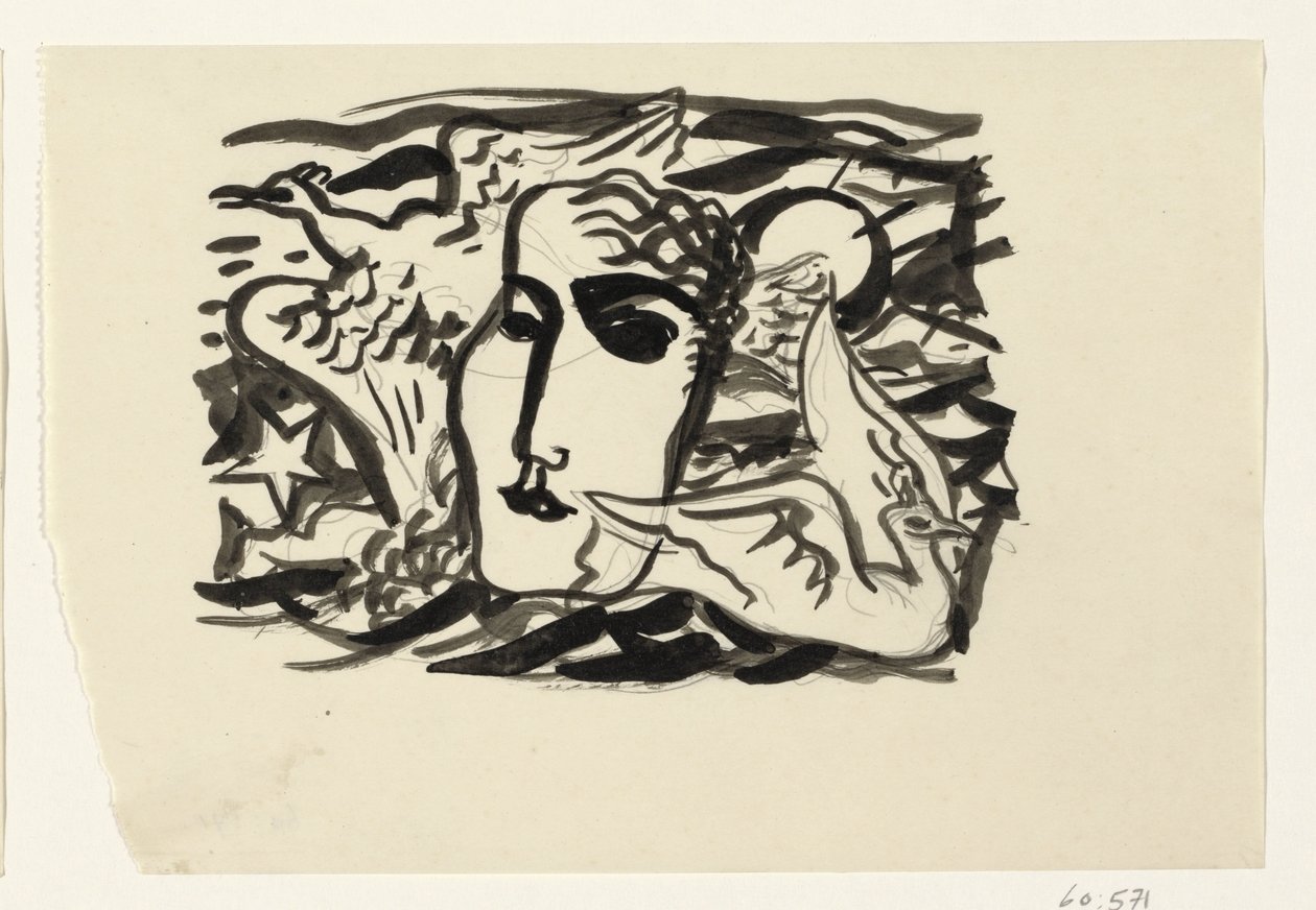 Cabeza de mujer y gaviotas con el mar de fondo de Leo Gestel