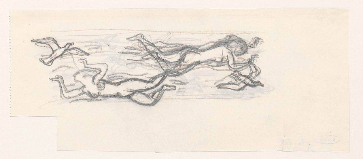 Mujeres desnudas flotando en el aire entre gaviotas de Leo Gestel