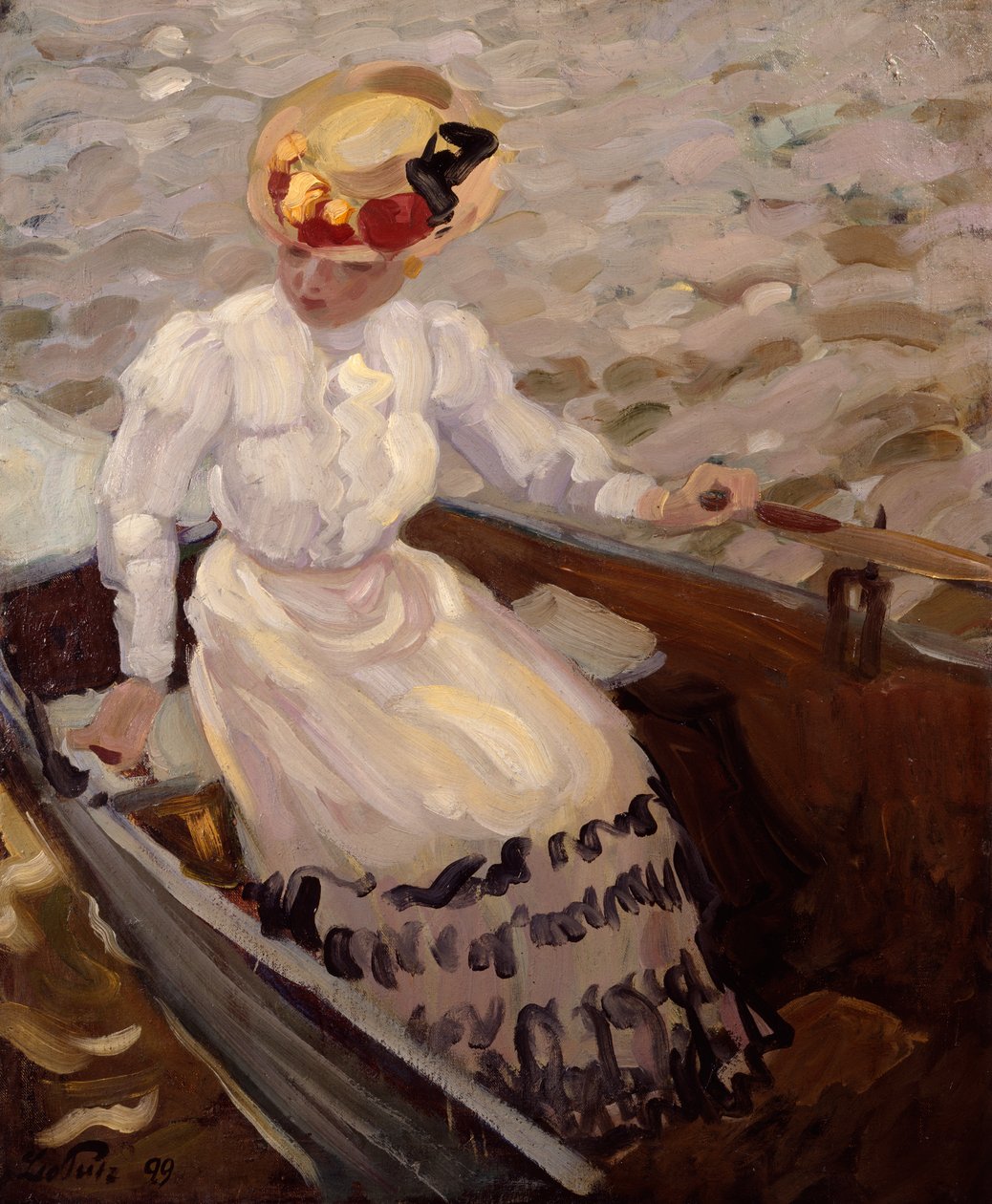 Una dama elegante en un bote de remos (óleo sobre lienzo) de Leo Putz