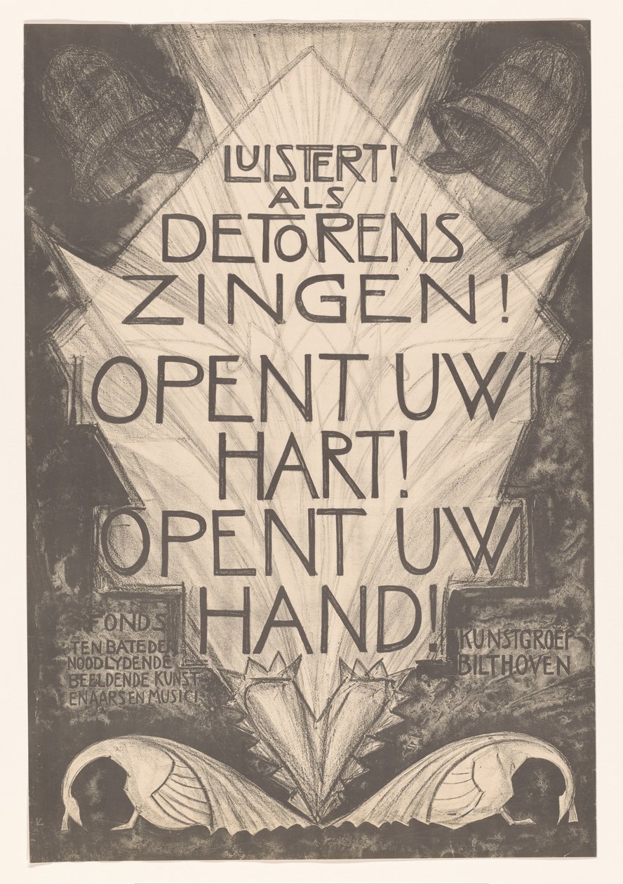 Cartel para artistas y músicos enfermos
¡Escucha! Cuando las torres cantan Abre tu corazón. ¡Abre la mano! (título en el objeto) de Leo Visser