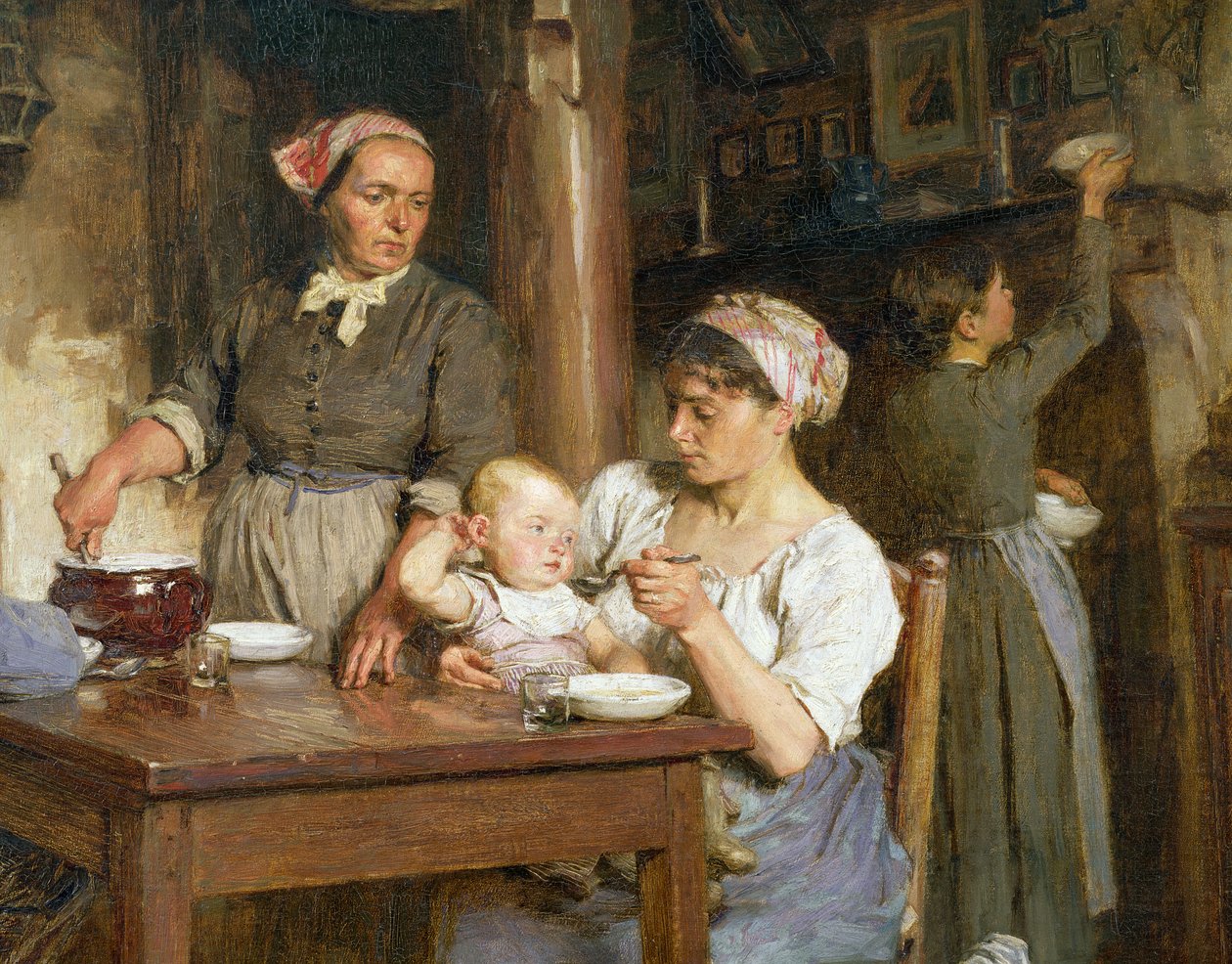 La comida del mediodía, detalle de alimentar al bebé (detalle) de Leon Augustin Lhermitte