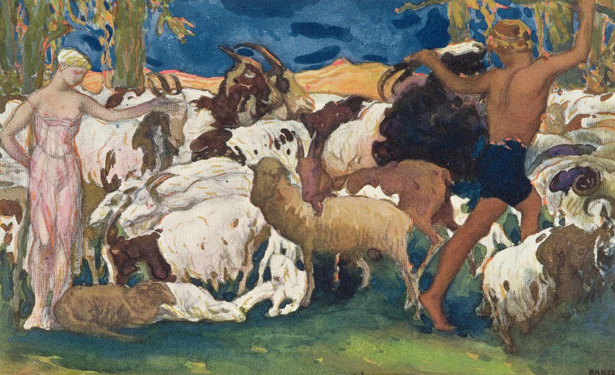 Dafnis y Cloe despidiéndose, diseño para un panel decorativo, de Dafnis y Cloe, c.1912 de Leon Bakst