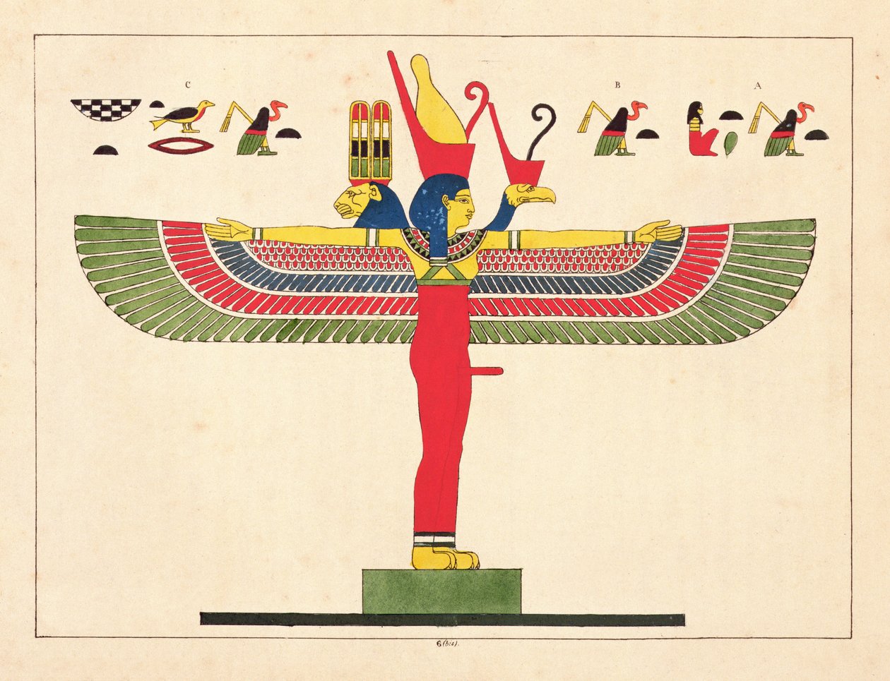 Diosa egipcia, ilustración de Pantheon egyptien: colección de personajes mitológicos del Antiguo Egipto por Jean-Francois Champollion, publicado 1823-25 de Leon Jean Joseph Dubois