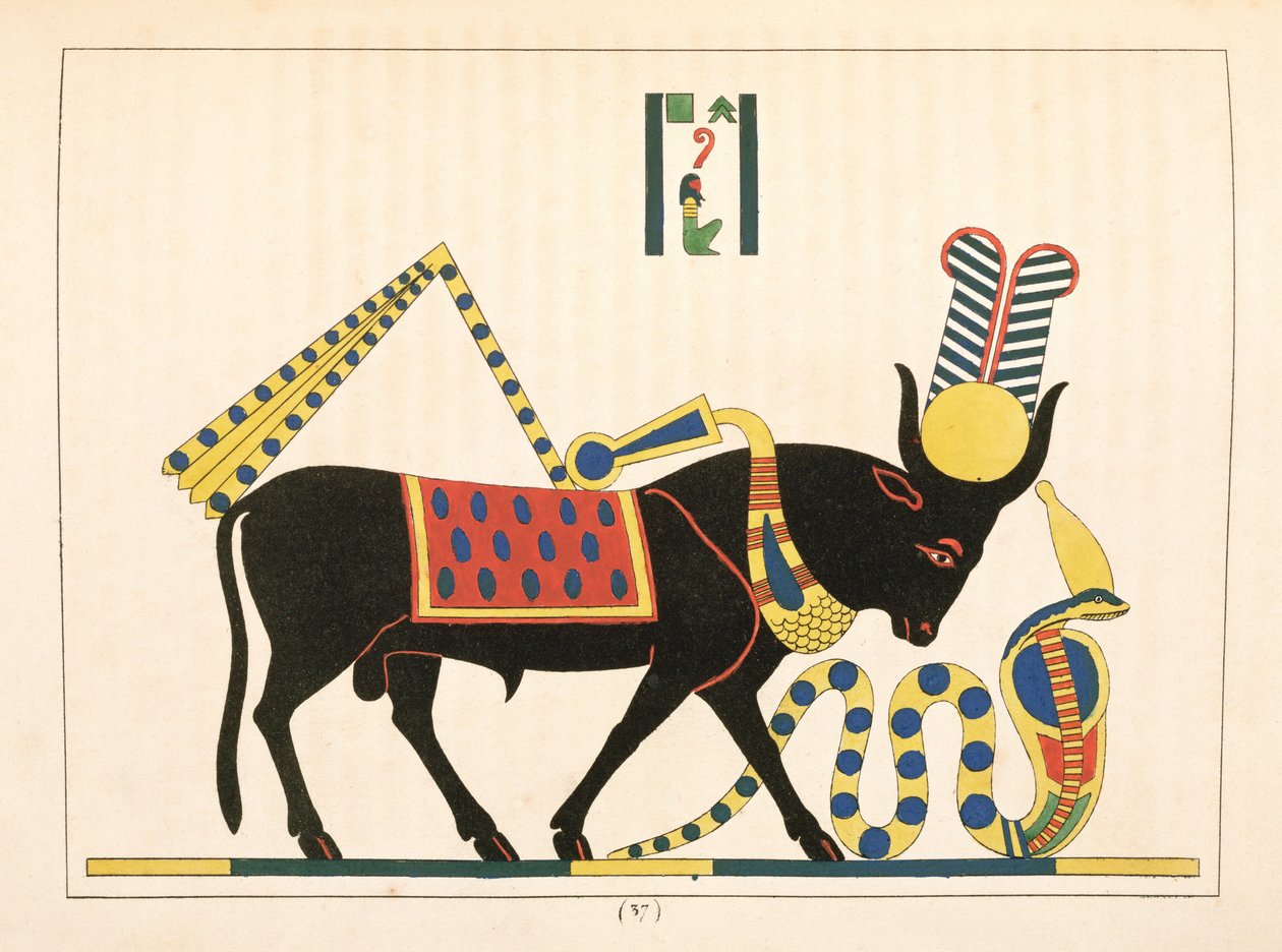 El toro Apis, ilustración de Pantheon egyptien: colección de personajes mitológicos del Antiguo Egipto por Jean-Francois Champollion, publicado 1823-25 de Leon Jean Joseph Dubois