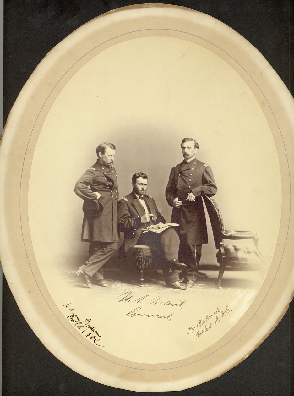 Tte. General Ulysses S. Grant, Bvt. Col. Adam Budeau, y Bvt. Col. O.E. Babcock. de Leon van Loo