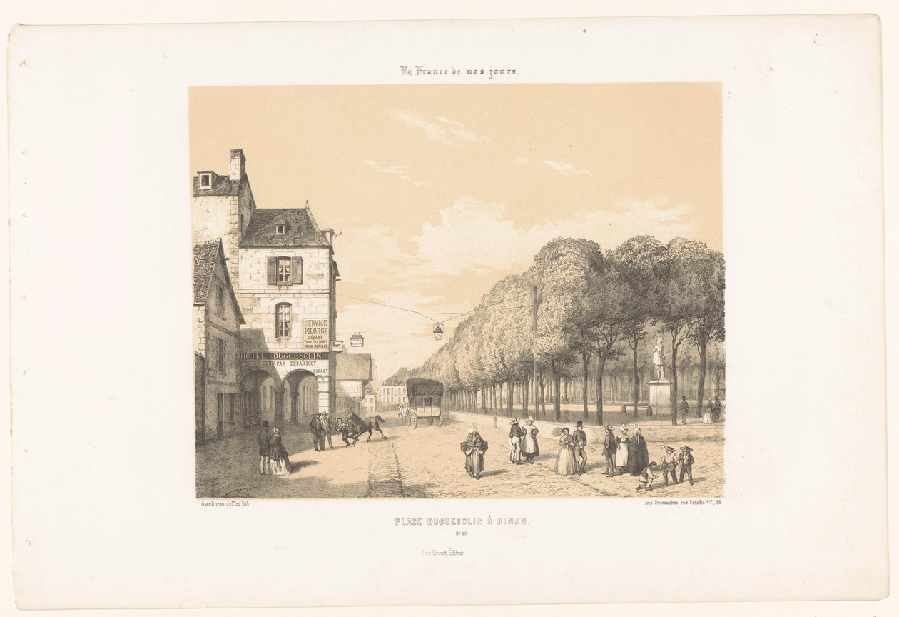 Vista de la plaza Du Guesclin en Dinan
Place Duguesclin à Dinan (título en el objeto)
Francia contemporánea (título de la serie)
La France de nos jours (título de la serie en el objeto) de Leon Auguste Asselineau