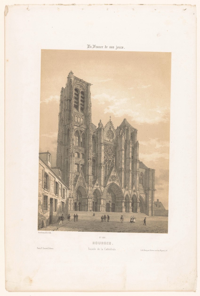 Vista de la fachada de la catedral de Bourges
Bourges. Façade de la cathédrale (título en el objeto)
Francia contemporánea (título de la serie)
La France de nos jours (título de la serie en el objeto) de Leon Auguste Asselineau