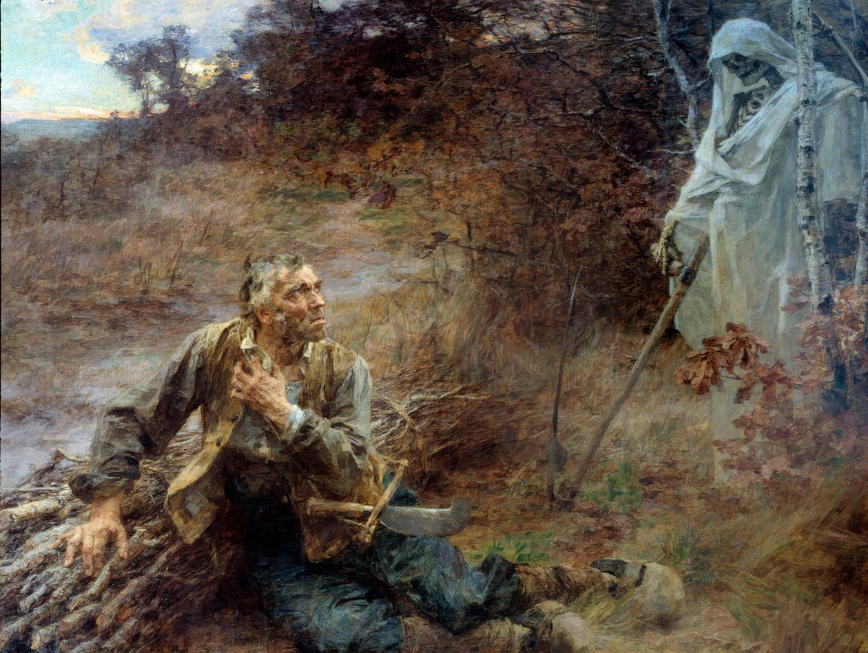 La muerte y el leñador. Ilustración para la fábula de Jean de La Fontaine (1621-1695) Pintura de Leon Augustin Lhermitte (1844-1925) 1893, 2.06 x 2.42 m Chateau Thierry, museo La Fontaine de Leon Augustin Lhermitte