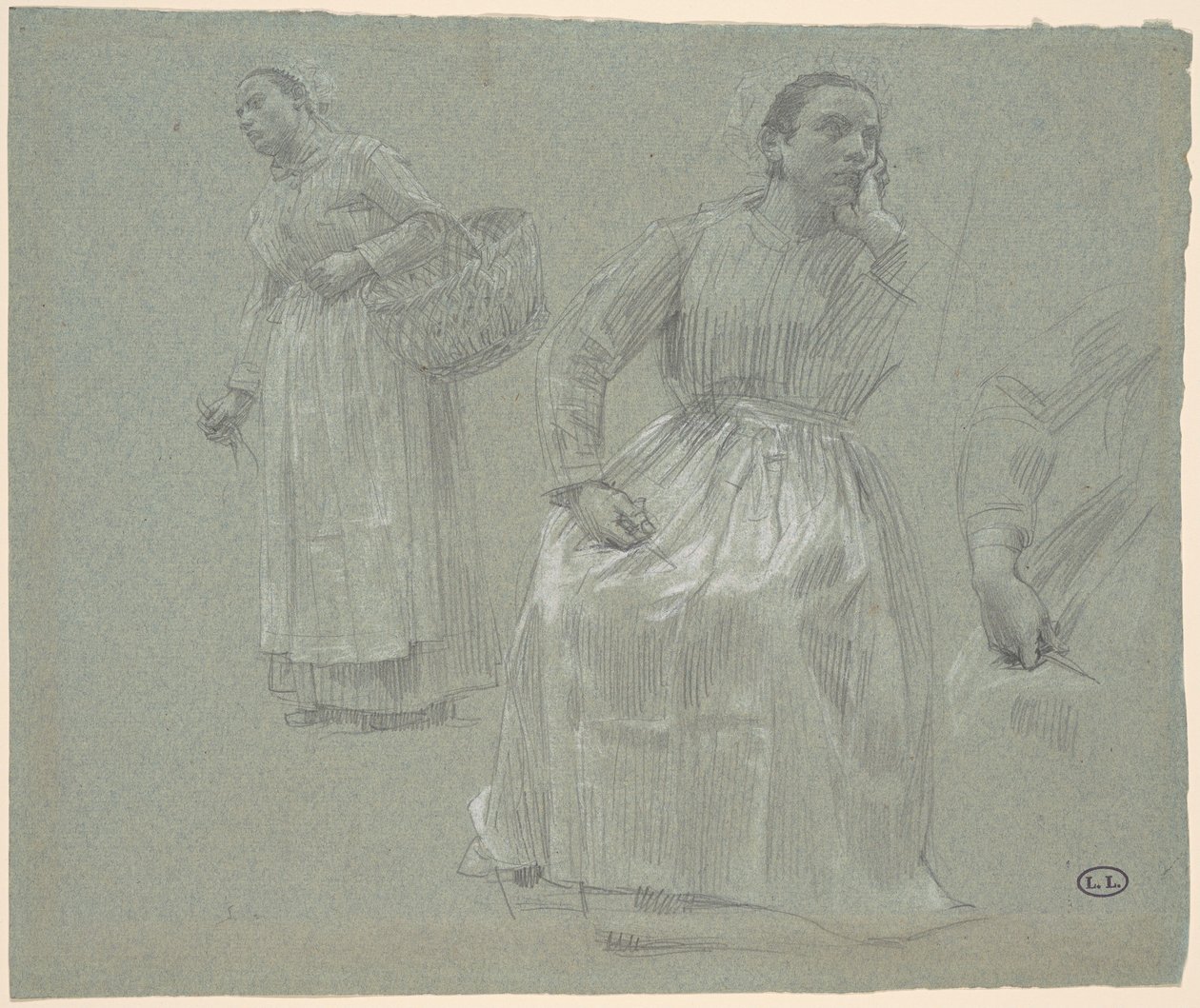 Estudio de dos mujeres, una sentada y otra sosteniendo una cesta de Leon Augustin Lhermitte