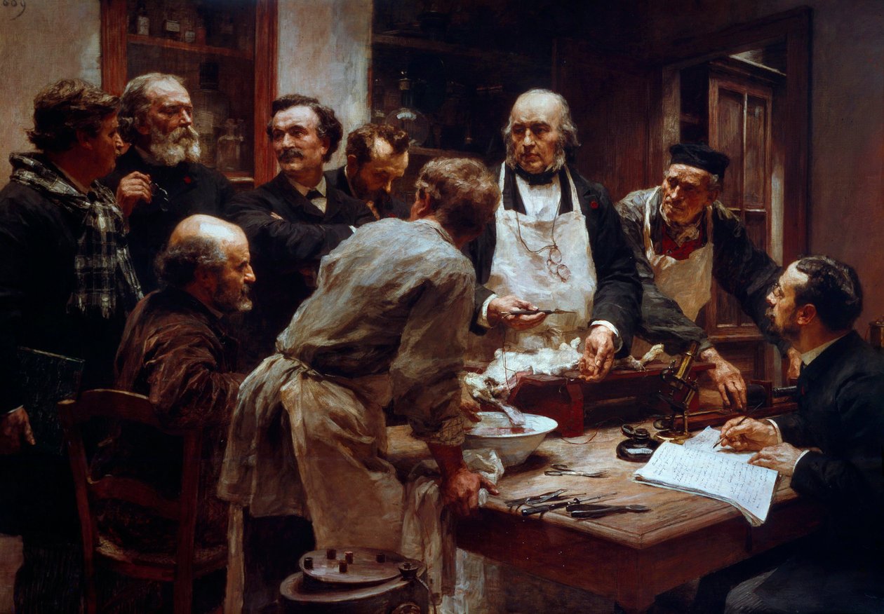 El curso de disección del doctor Claude Bernard (1813-1878) en presencia de sus alumnos Paul Bert (1833-1886) y Arsène d