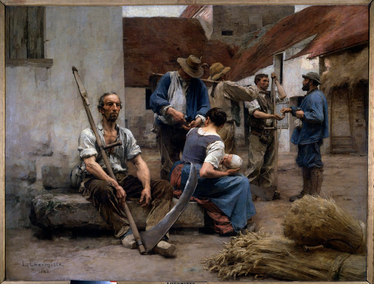 La nómina de los cosechadores campesinos en un patio de granja, uno de ellos sostiene una hoz de Leon Augustin Lhermitte