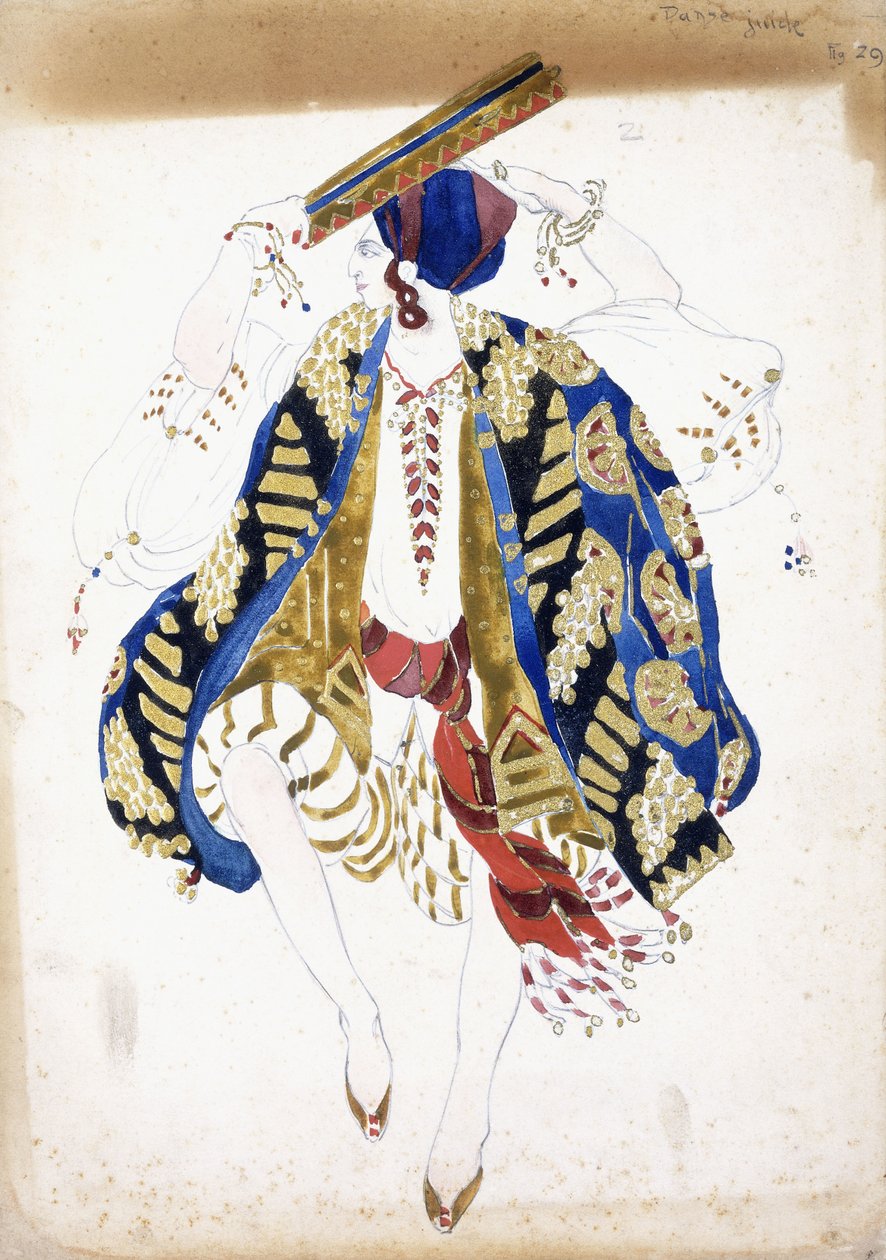 Diseño de vestuario para un bailarín en "Danse Juive", con bombachos y un turbante, tocando una pandereta de Leon Bakst
