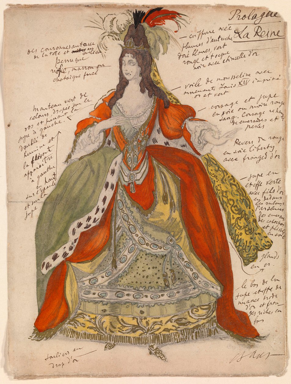 Traje preparatorio de reina, para el ballet ""La belle au bois dormant"" de Piotr Tchaikovsky (1840-1893) (Diseño de vestuario para el ballet La Bella Durmiente de P Tchaikovsky) - Obra de Leon Bakst (1866-1924), lápiz y acuarela sobre papel (33x25 cm) de Leon Bakst