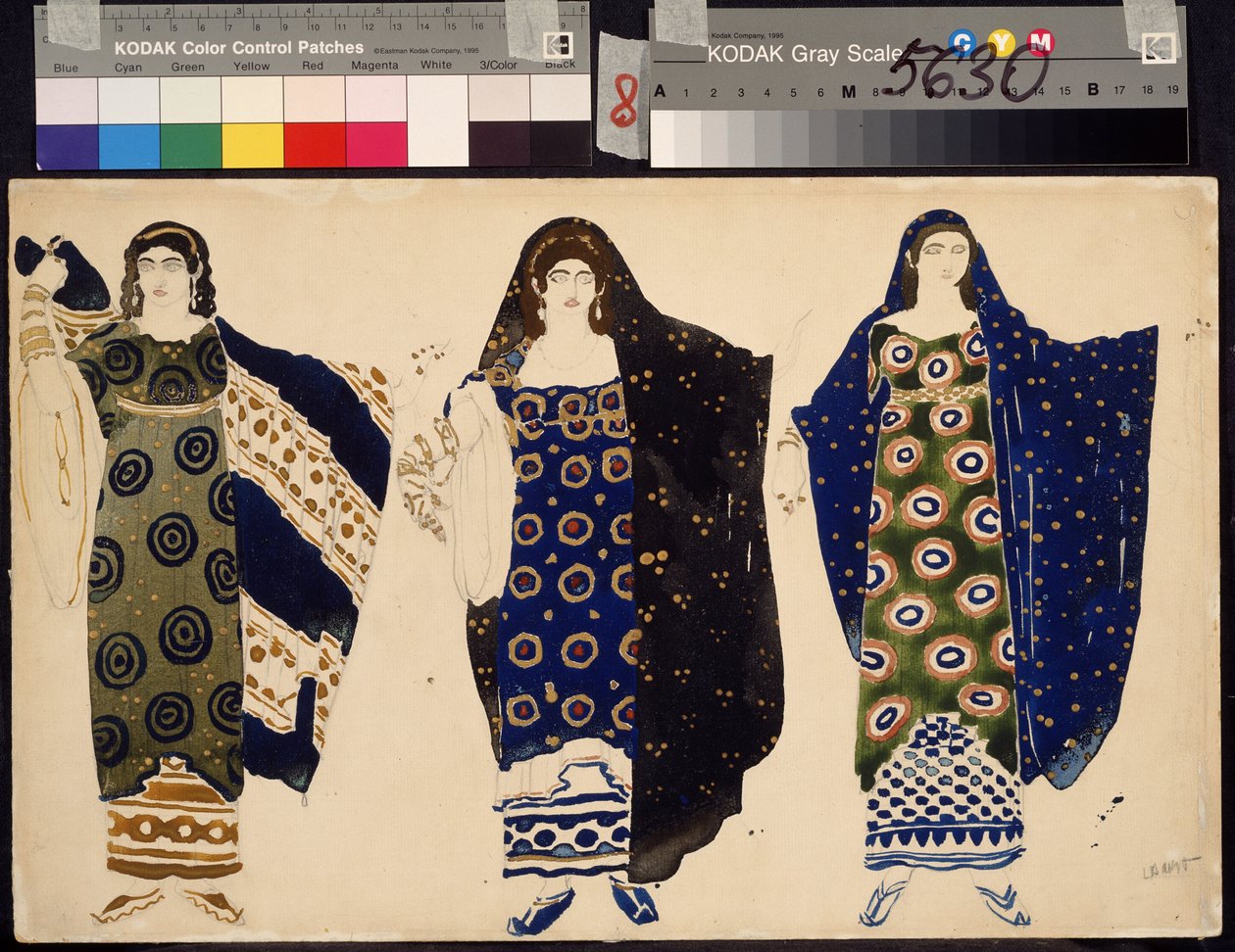 Trajes de mujer para el drama "Edipo en Colone" de Sófocles (497 o 496-407 o 406 a. C.) (Diseño de vestuario para el drama Edipo en Colone de Sófocles). Dibujo de Leon Blakst (1866-1924). Acuarela sobre papel, 28,2 x 44 cm de Leon Bakst