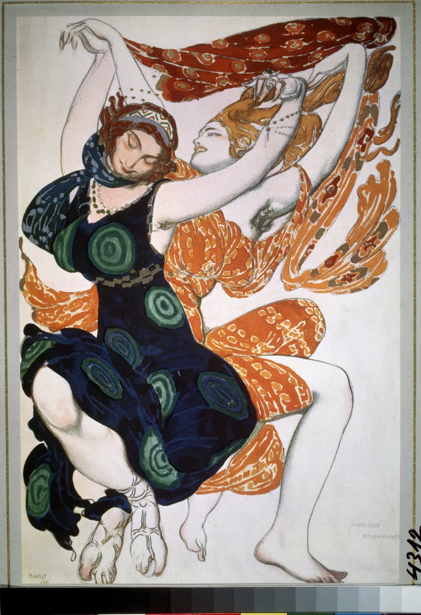 Dos beotiennes, vestuario para el ballet ""Narcisse"" de Nikolai Tcherepnin (Nicolas Tcherepnin) (1873-1945) (Dos beotiennes, diseño de vestuario para el ballet Narcisse de N.Tcherepnin). Dibujo de Leon Bakst (1866-1924). Acuarela, gouache, oro y plata sob de Leon Bakst