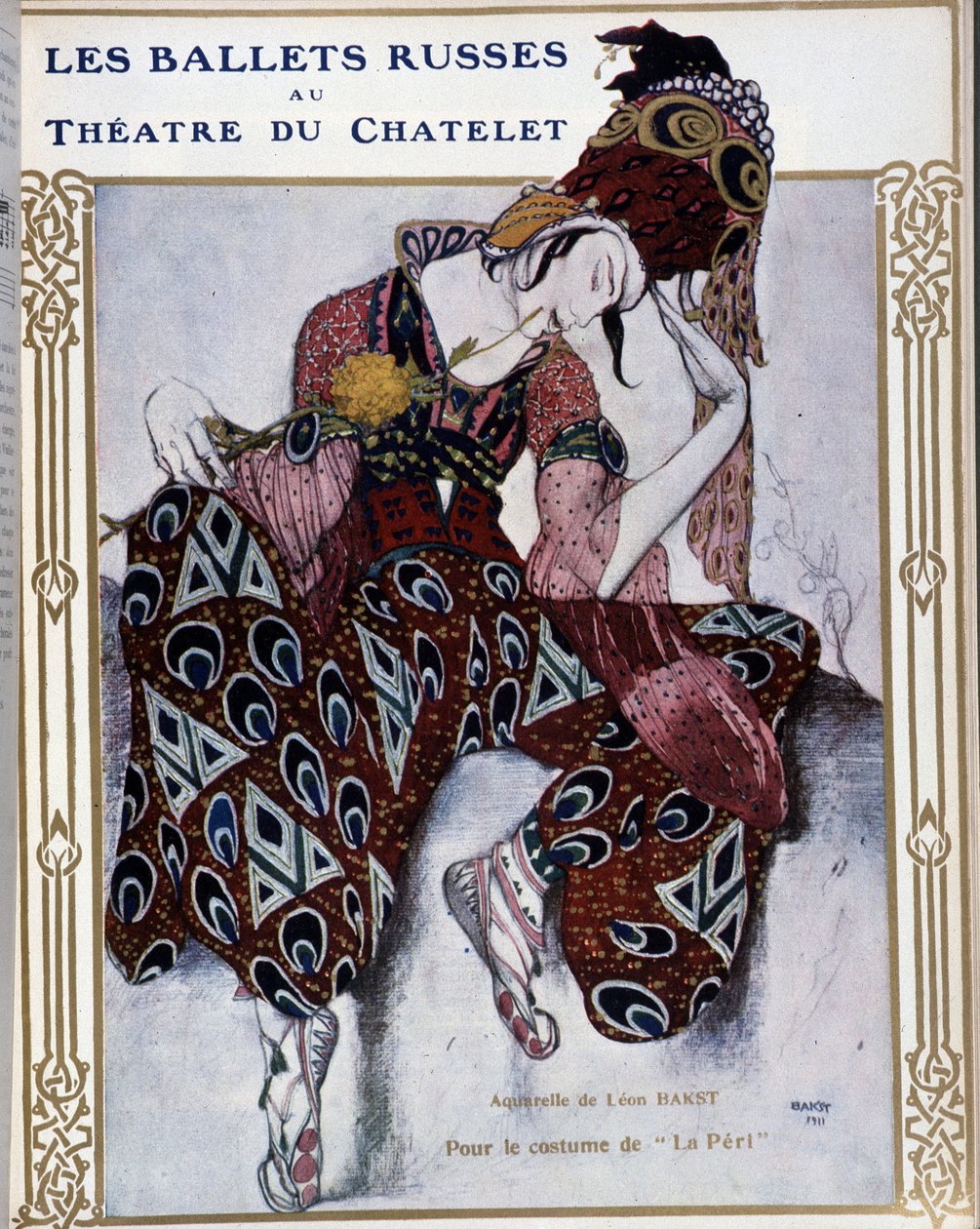 Los Ballets Rusos en el teatro del Chatelet: vestuario para "La Peri" - acuarela de Bakst, en "Comoedia ilustrada" de Leon Bakst